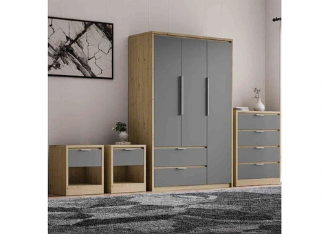 Skova 3-Door Wardrobe with Drawers and Shelves – Oak and White