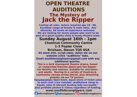 Open theatre auditions - all roles - Jack the Ripper. Brixham.