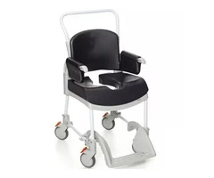 A shower chair with wheels will typically have non-rusting parts.