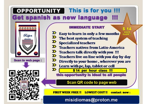 Get spanish as new language with us for only $14 per hour class